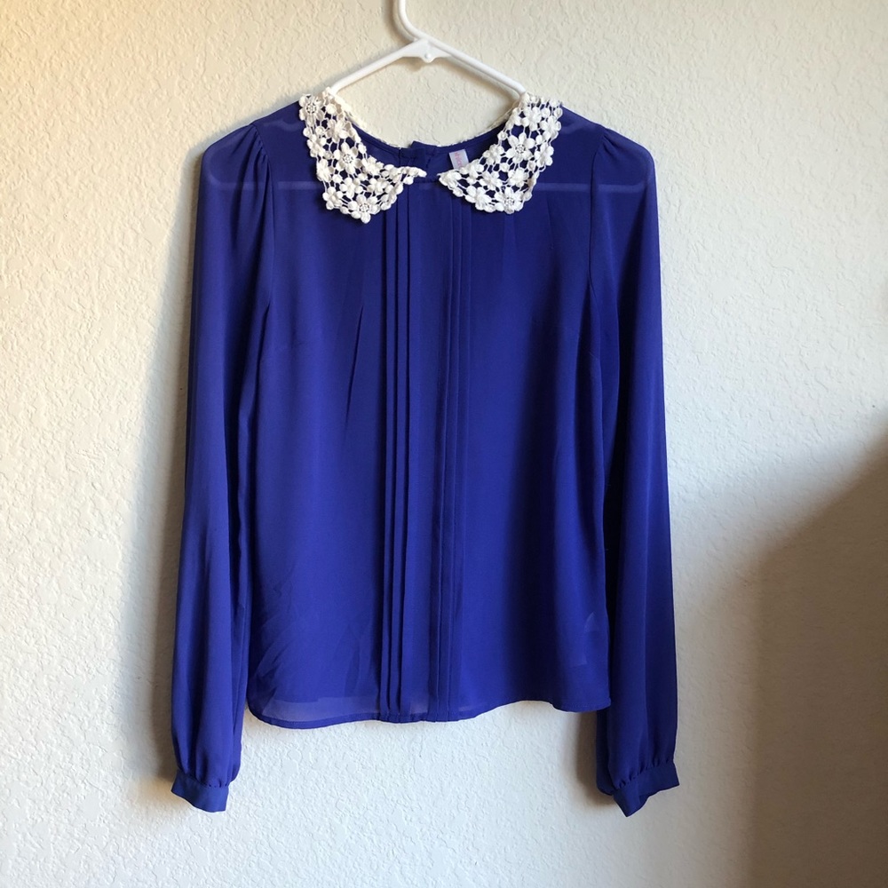 Crochet Collar Blue Chiffon Blouse